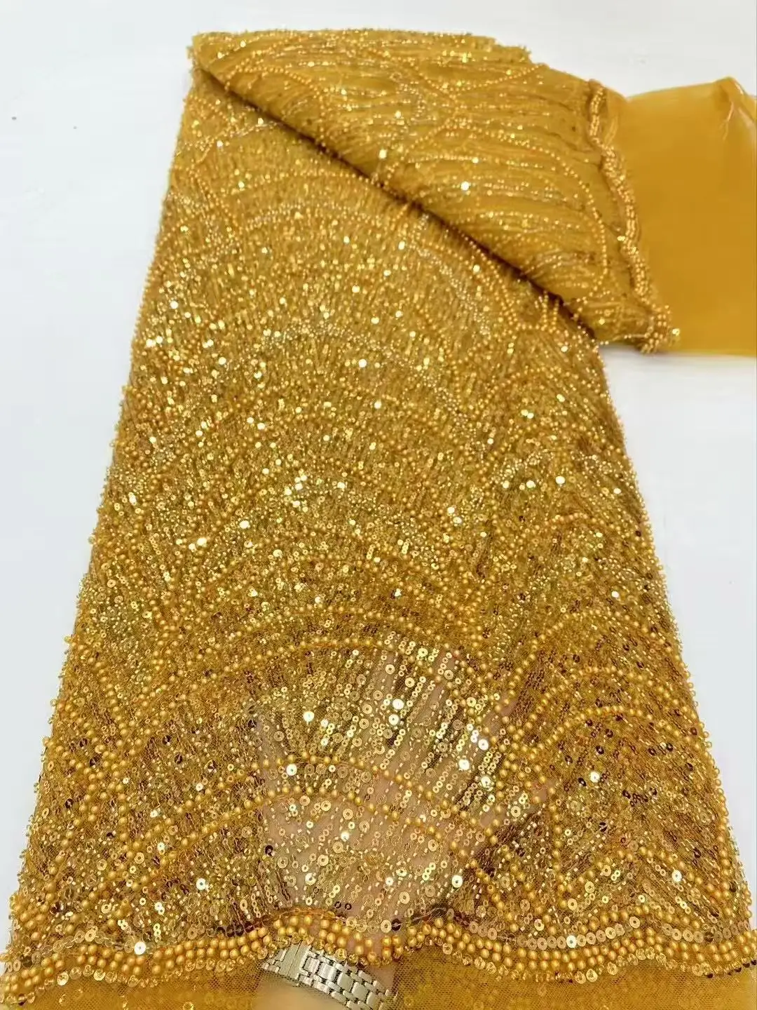 Color: Red, Width: 120cm, Length: 5 yards - Luxury Sky Blue French Tulle Lace Fabric with Sequins Beads for Bridal Dress Nigerian Groom High Quality African Wedding Gown Ma