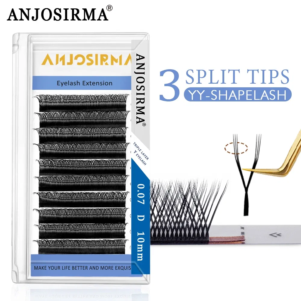 Curl: C, Length: MIX - ANJOSIRMA YY Shaped Eyelash Extension, 3 Split Tips, Soft BASF Lash,  Hand Made Curl, High Quality, 3D，0.07 makeup eyelashes