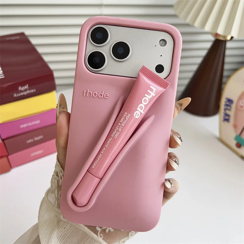 Material: EVA, Color: GRAY, Bundle: Bundle1 - With Lipstick Phone Case for iPhone 17 13 14 15 16 17 Pro Max Plus 12 17 Air Silicone Lip Gloss Holder Hot INS Soft Cover Funda