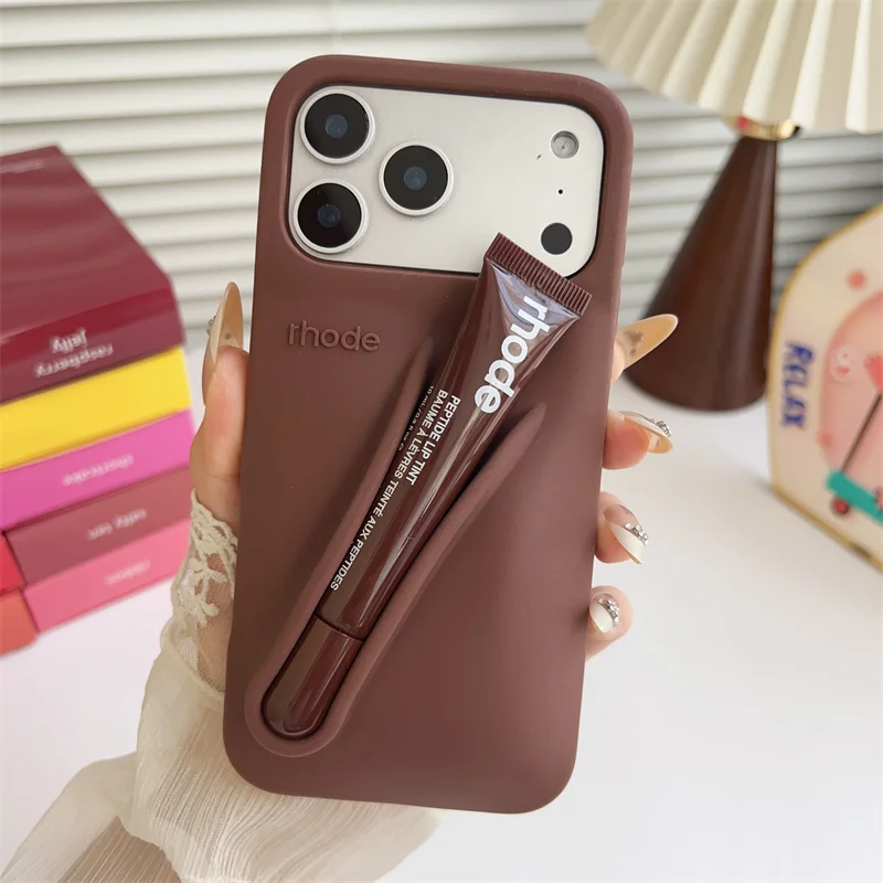 Material: EVA, Color: GRAY, Bundle: Bundle1 - With Lipstick Phone Case for iPhone 17 13 14 15 16 17 Pro Max Plus 12 17 Air Silicone Lip Gloss Holder Hot INS Soft Cover Funda