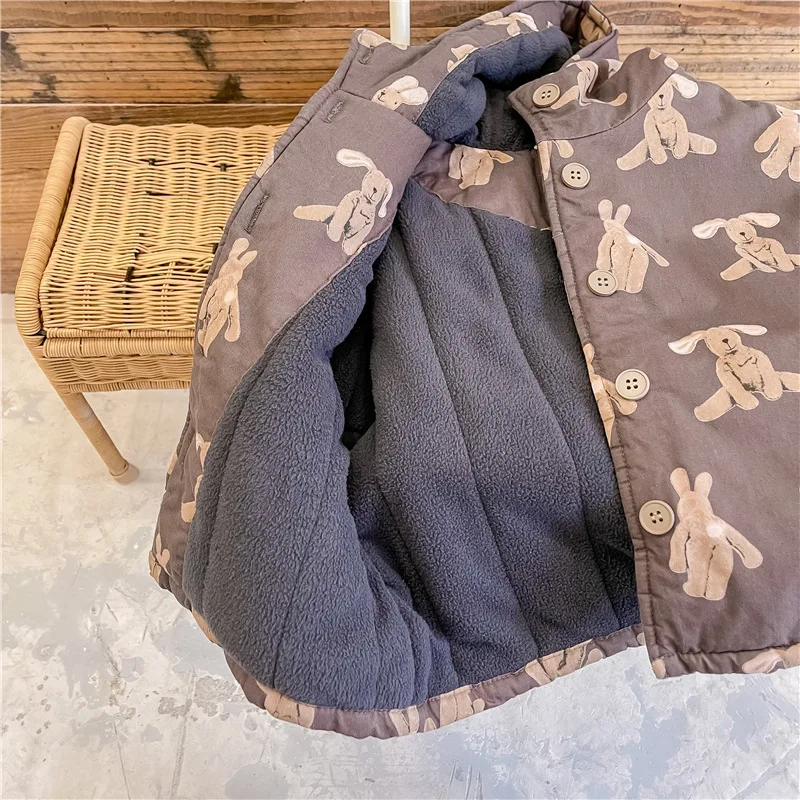 Color: Khaki, Kid Size: 4T - Girls Coat 2025 Autumn and Winter New Children's Clothing Korean Wind Girl Baby Cotton Printed Down Jacket Casual Simple Daily