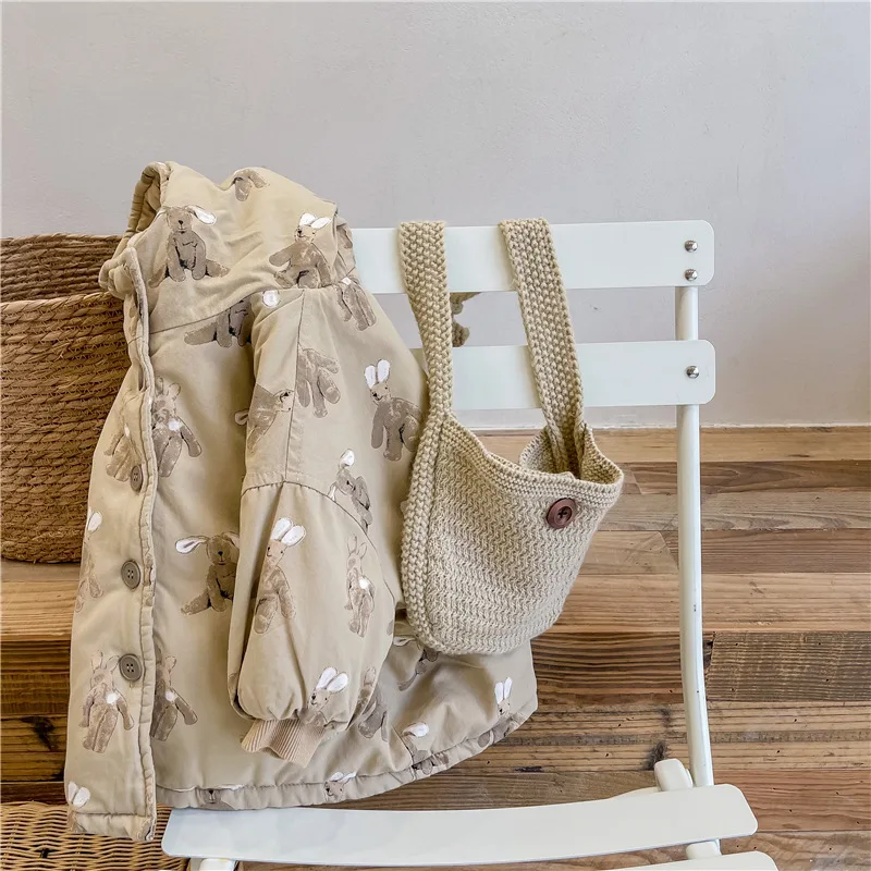 Color: Khaki, Kid Size: 4T - Girls Coat 2025 Autumn and Winter New Children's Clothing Korean Wind Girl Baby Cotton Printed Down Jacket Casual Simple Daily