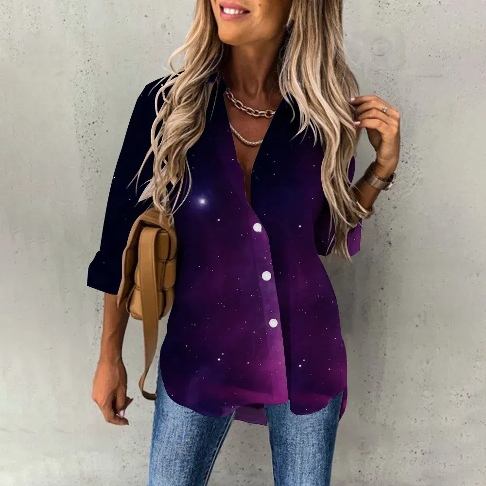 Color: Blue, Size: M - Ladies Long Sleeved Shirt Vacation Style Coconut Tree 3D Digital Printed Button Up Collar Loose Casual Ladies Blouse 2024 Autumn