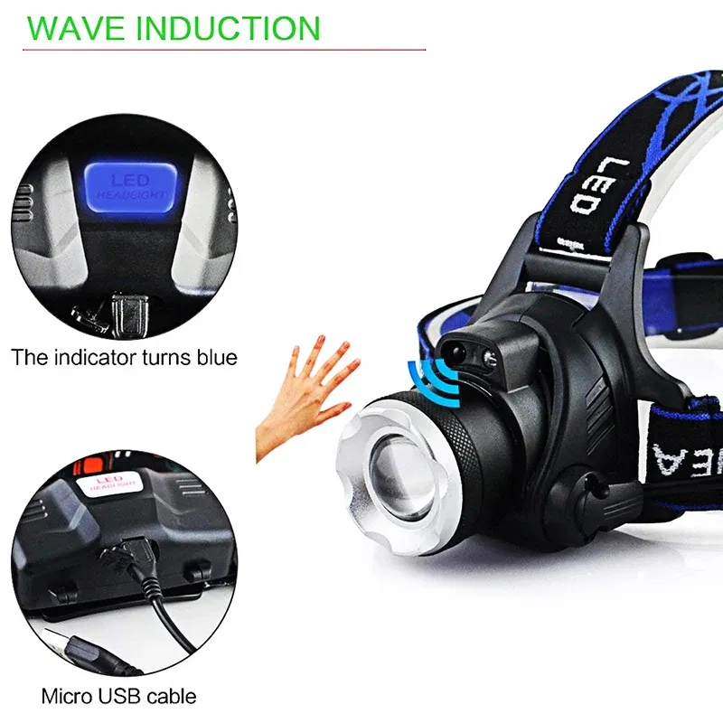 Ships From: CHINA, Body Color: Beige - zk20 LED Induction Headlamp Headlight Sensor Control Adjustable USB Rechargeable Zoomable Cycling Running Camping Light Torch