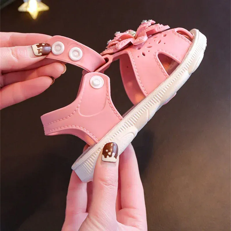 Color: black, Shoe Size: 3 - Solid Bow Children's Summer Shoes Cute PVC Beach Non Slip Sandals For Baby Girls Footwear Soft Infant Kids Fashion Sandals