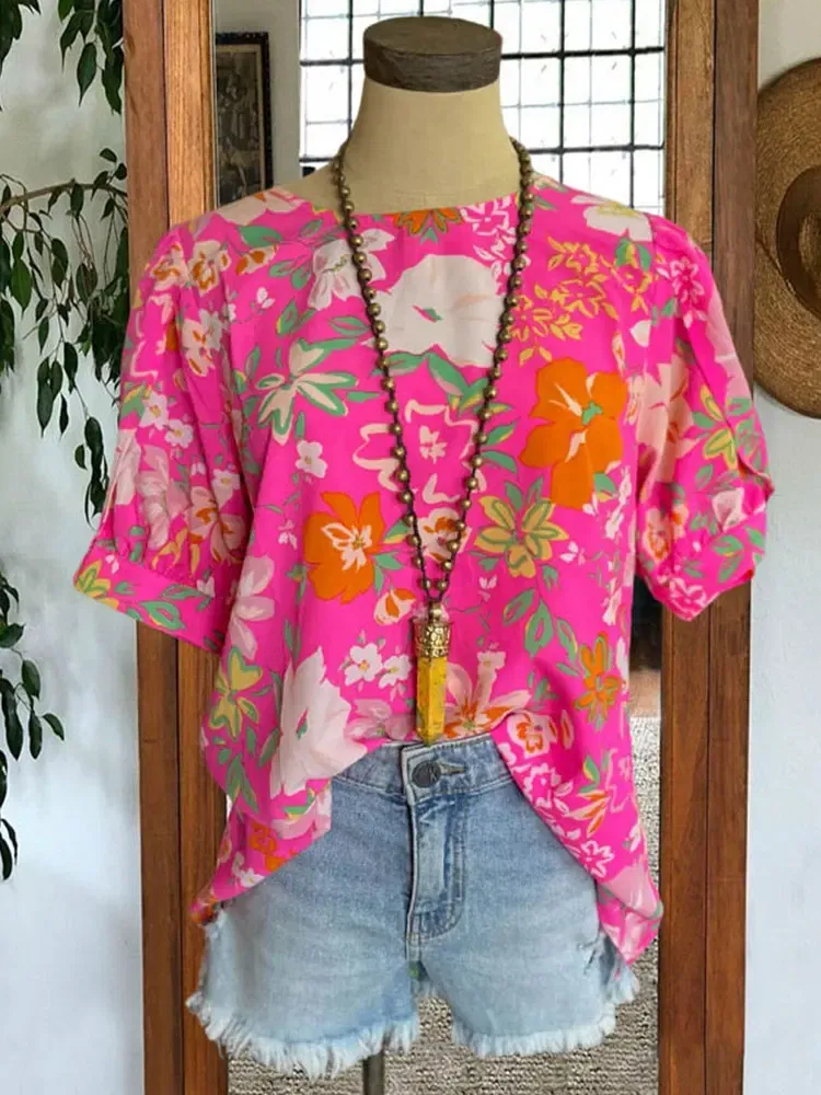 Vibrant Floral Print Puff Sleeve Blouse  Floral T-Shirts