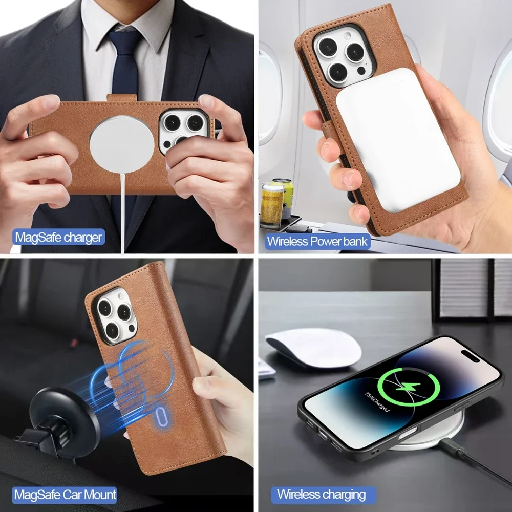 Color: black, Material: POLYESTER - 2 in 1 MagSafe Wallet Case for IPhone 16 Promax 15 Plus 14 Pro Max 13 12 Iphone16 Magnetic Wireless Charging Phone Cover