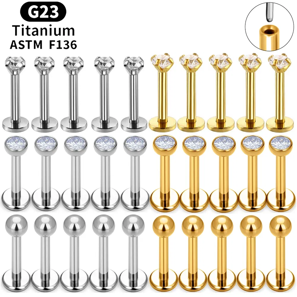 Metal color: Gold-color, Ships From: CHINA, Main Stone Color: Gold - 10PCS ASTM F136 G23 Titanium Piercing Labret Lip Ring Stud Earring CZ Ear Tragus Cartilage Helix Daith Pierc Jewelry 16/18/20g