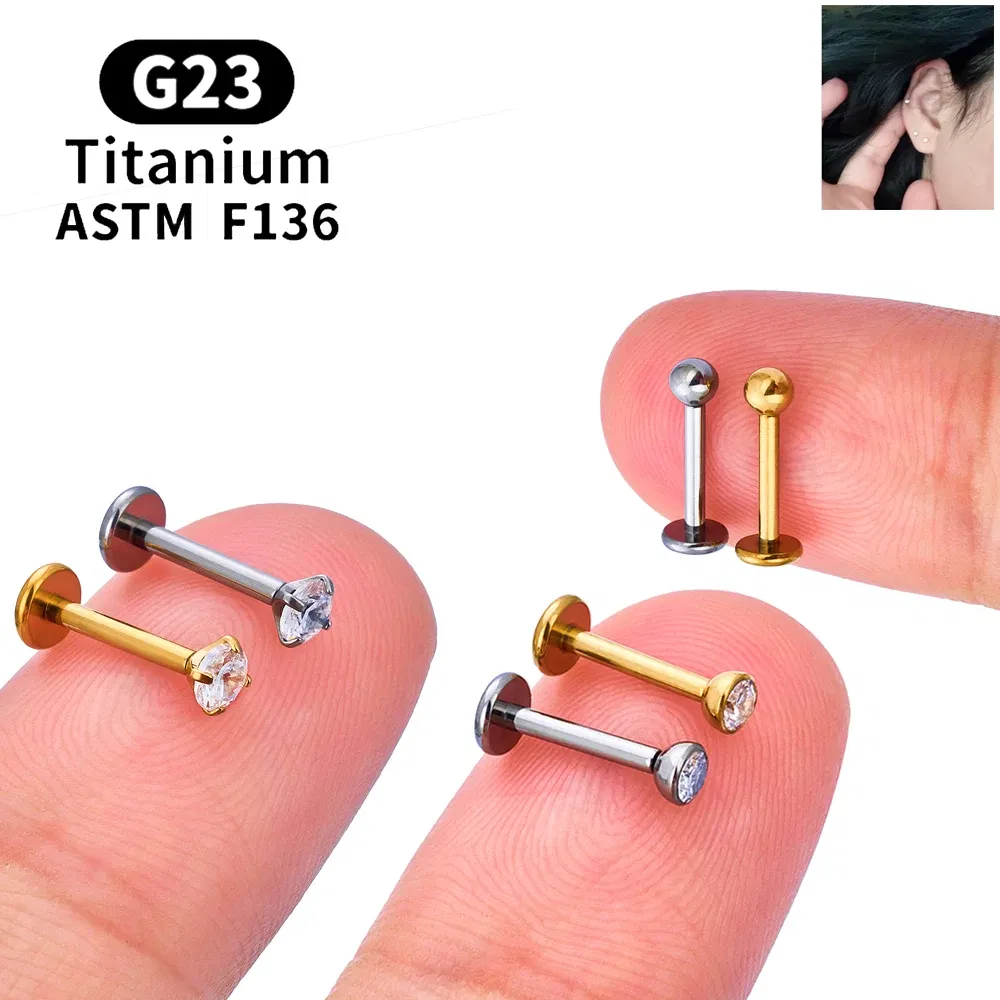 Metal color: Gold-color, Ships From: CHINA, Main Stone Color: Gold - 10PCS ASTM F136 G23 Titanium Piercing Labret Lip Ring Stud Earring CZ Ear Tragus Cartilage Helix Daith Pierc Jewelry 16/18/20g