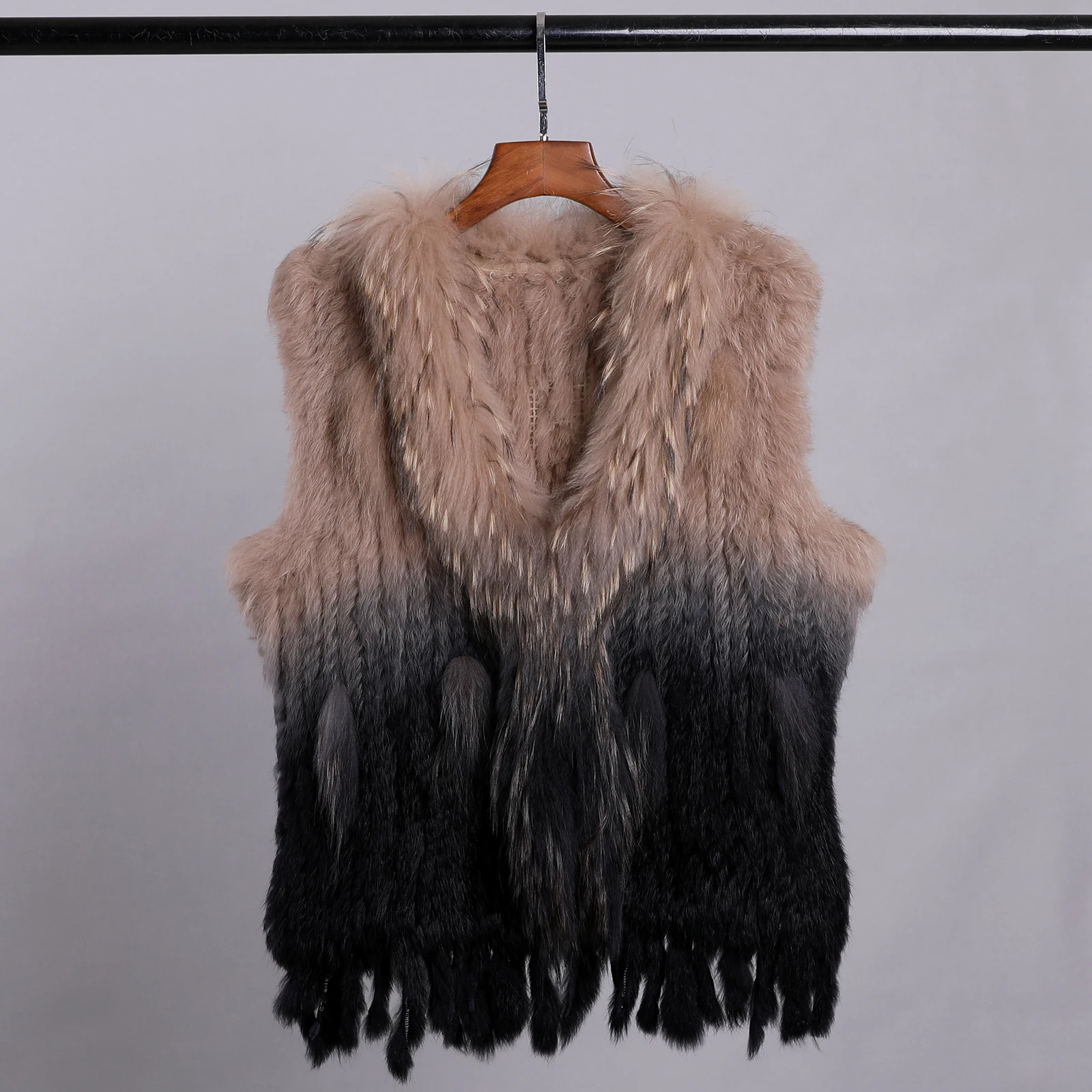Color: Khaki, Size: L - Luxury Women's Genuine Premium Long Hair Rabbit Fur Knit Vest Raccoon Fur Trim Gilet Lady Sleeveless Waistcoat Real Fur Jacket