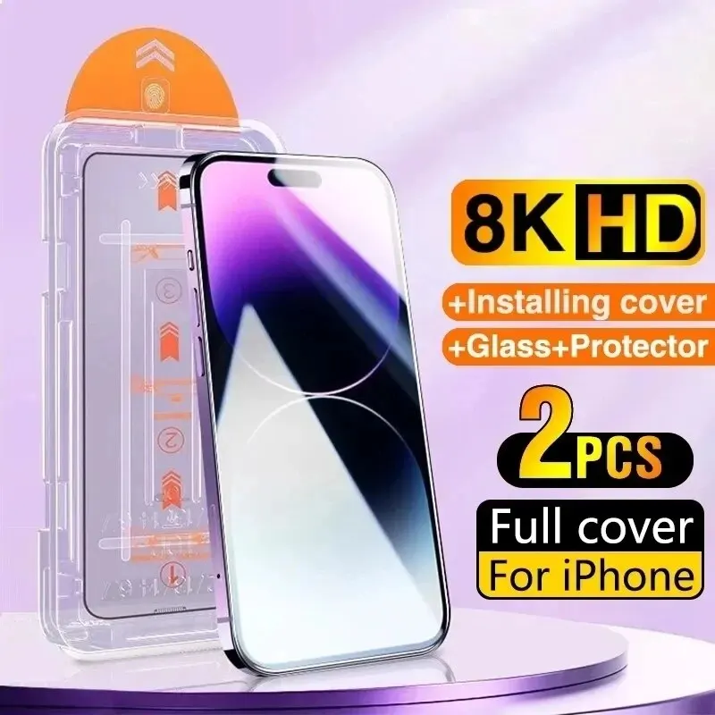 Bundle: 4 pieces, Material: High Definition - 2pcs New 8K Oleophobic Coating Dust Free Installation Screen Protector For iPhone 15 13 11 12 14 Pro Max Mini 15 Plus Mini Glass