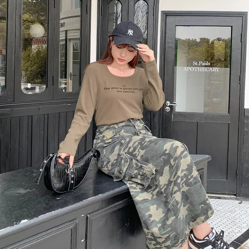 Color: Beige, Size: XXS - Casual Camouflage Skirt with Pockets Plus Size Women's High Waist A-Line Long Skirt