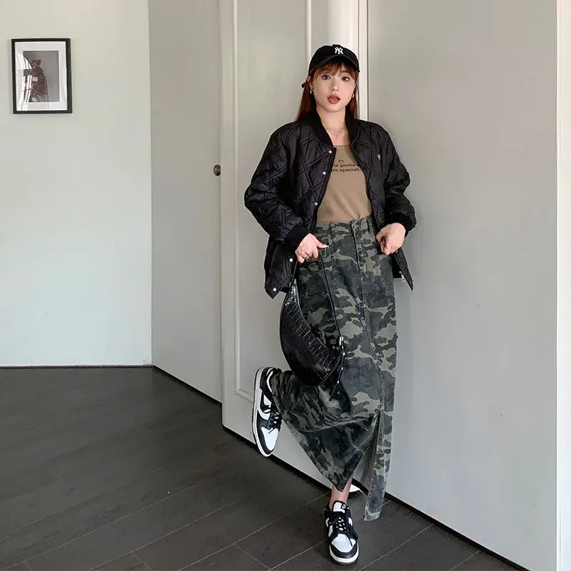 Color: Beige, Size: XXS - Casual Camouflage Skirt with Pockets Plus Size Women's High Waist A-Line Long Skirt