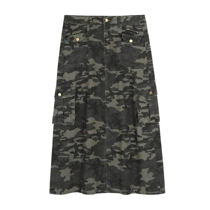 Color: Beige, Size: XXS - Casual Camouflage Skirt with Pockets Plus Size Women's High Waist A-Line Long Skirt