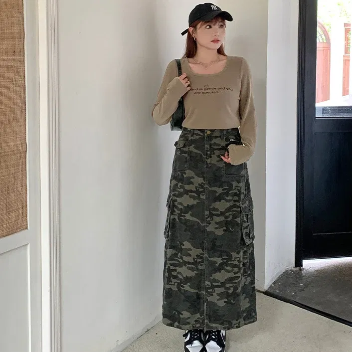Color: Beige, Size: XXS - Casual Camouflage Skirt with Pockets Plus Size Women's High Waist A-Line Long Skirt