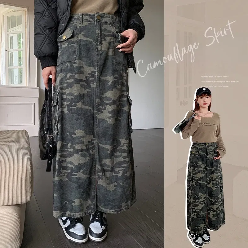 Color: Beige, Size: XXS - Casual Camouflage Skirt with Pockets Plus Size Women's High Waist A-Line Long Skirt