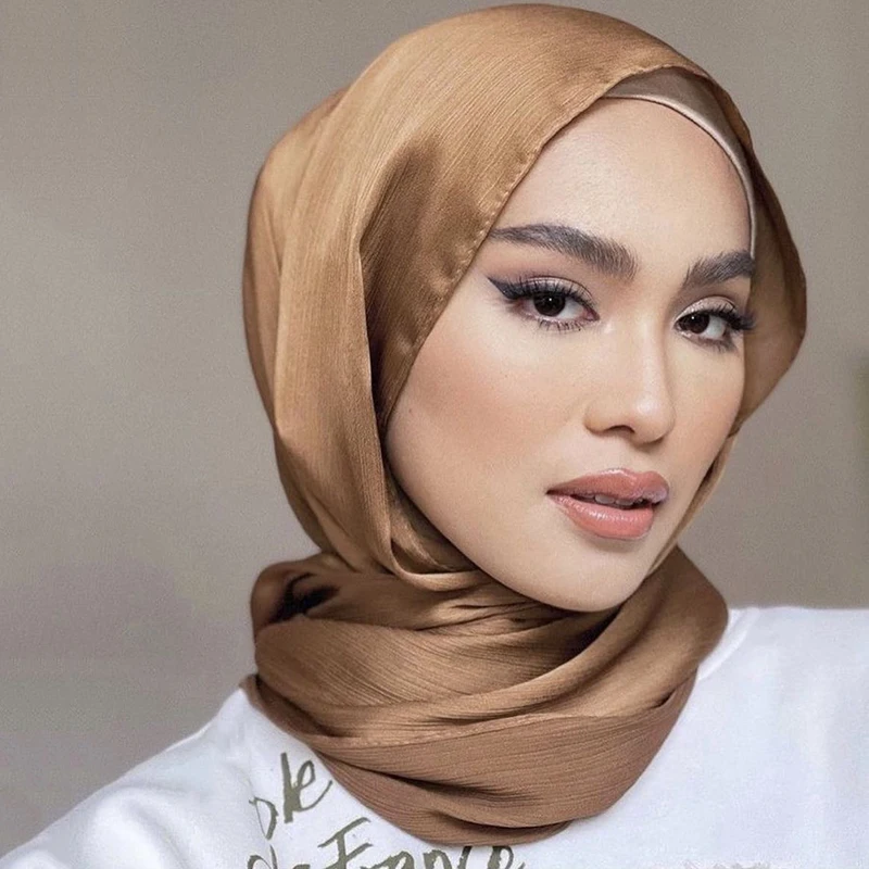 Color: Blue - Hot Premium Satin Crinkle Hijab Scarf Chiffon Shawl Plain Muslim Women Hijabs Breathab Islam Women Turban Pleated Scarf Ramadan