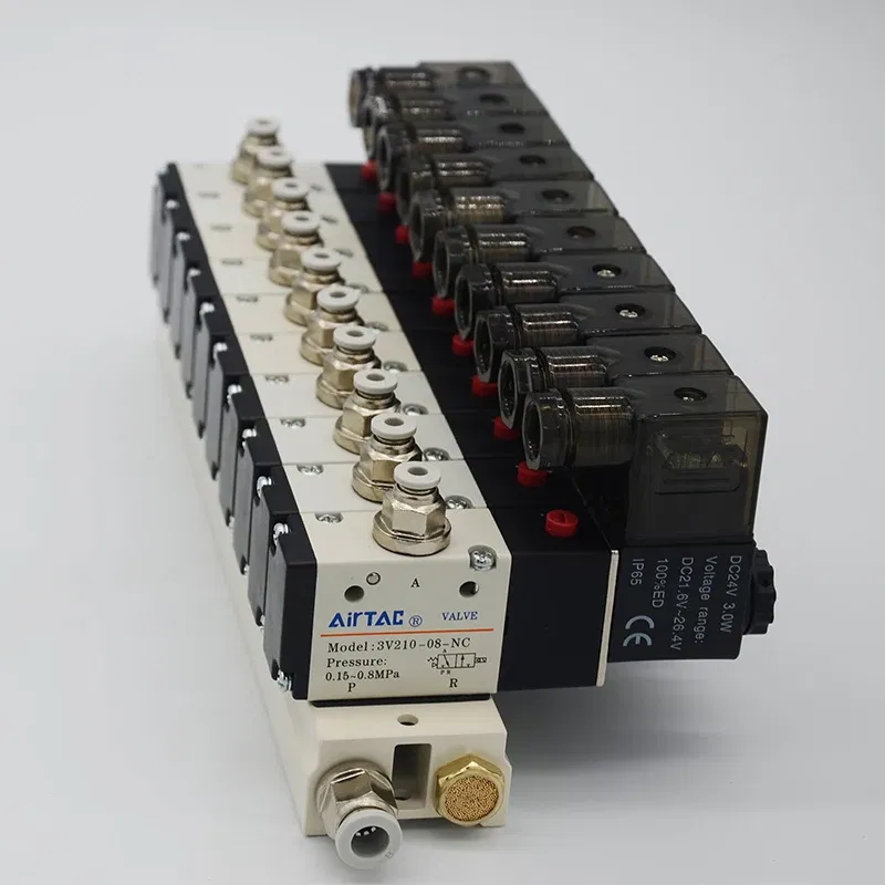 Color: Khaki, Specification: 2" - 3V210-08 Manifold Station Solenoid Valve  3 port 2 position Multi-way Combination DC12V 24V AC220V With Fitting Solenoid Valves