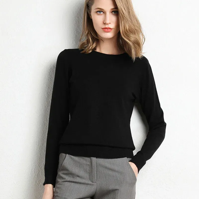 Color: WHITE, Size: XXL - Women Slim O-Neck Solid Pullover Cashmere Wool Blending Sweater Autumn And Winter Long-Sleeved Knit Bottoming Shirt Large Size
