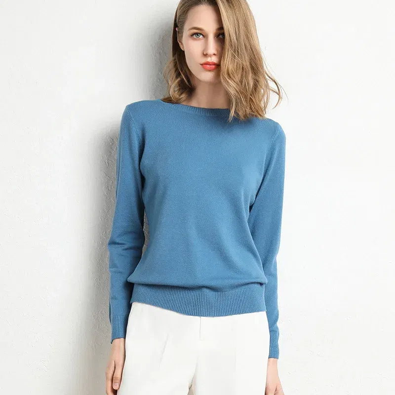 Color: WHITE, Size: XXL - Women Slim O-Neck Solid Pullover Cashmere Wool Blending Sweater Autumn And Winter Long-Sleeved Knit Bottoming Shirt Large Size