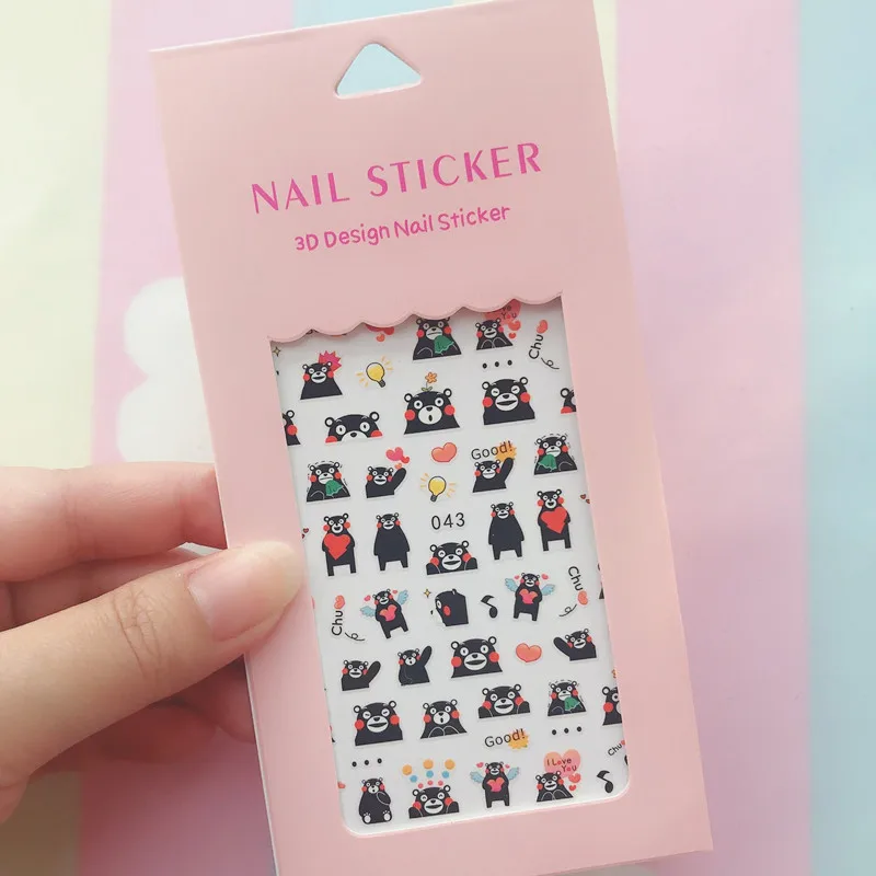 Color: Burgundy - 1PCS Hello Kitty 3D Nail Stickers Press on Nails Mickey Mouse Donald Duck Stitch Cartoon Stickers Nail Art Decoration