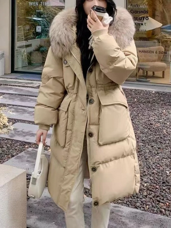 Color: Khaki, Size: M - Down Jacket Women Waterproof Winter Long Puffer Jacket 2024 Real Raccoon Fur Hooded Duck Down Coat Female Rain Feather Parkas
