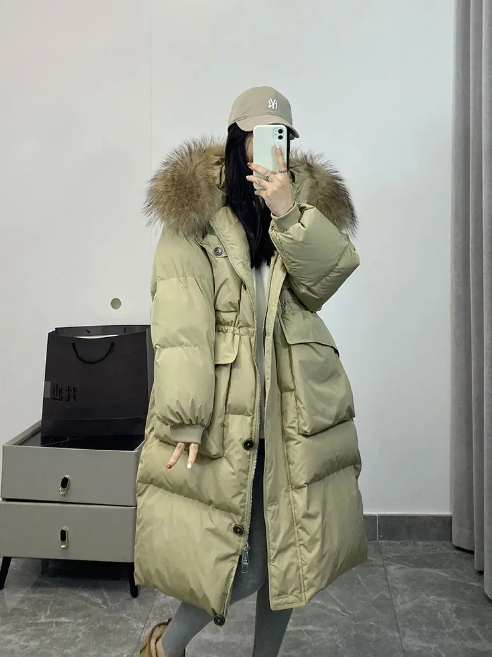 Color: Khaki, Size: M - Down Jacket Women Waterproof Winter Long Puffer Jacket 2024 Real Raccoon Fur Hooded Duck Down Coat Female Rain Feather Parkas
