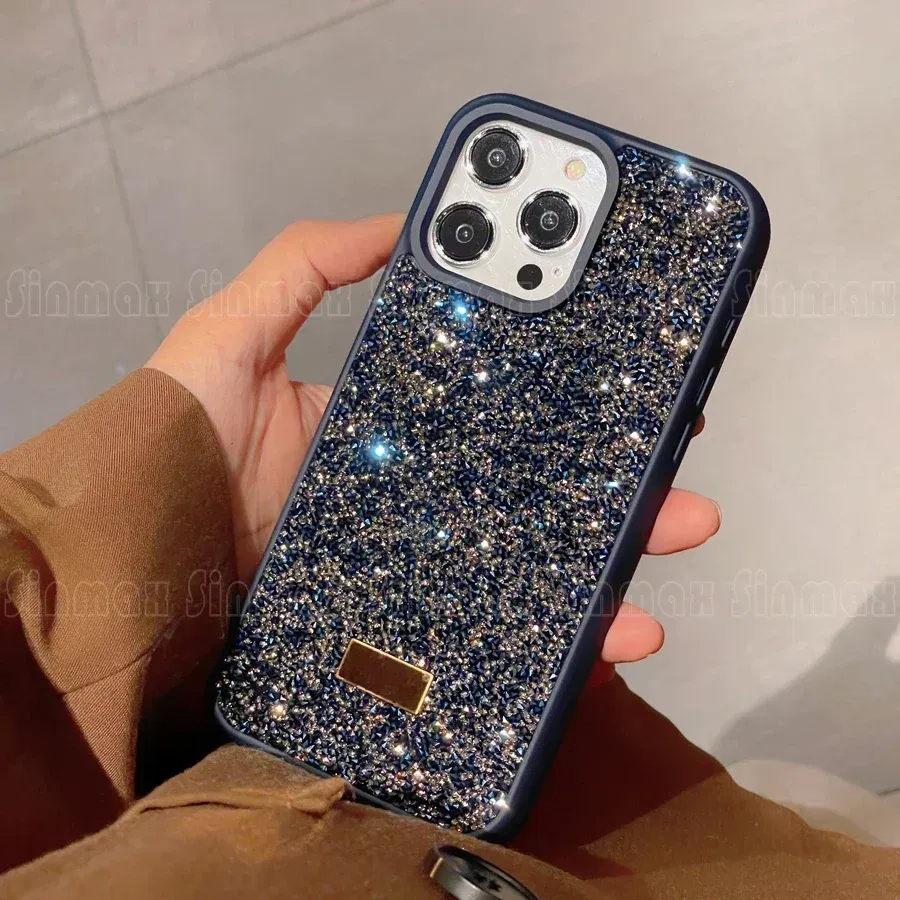Color: Dark Blue, Material: Vinyl - Luxury Glitter Designed Shell For iPhone 16 15 Pro Max 14 13 12  Luxurious Bling Sparkling Rhinestone Diamond Jewels Cover Case