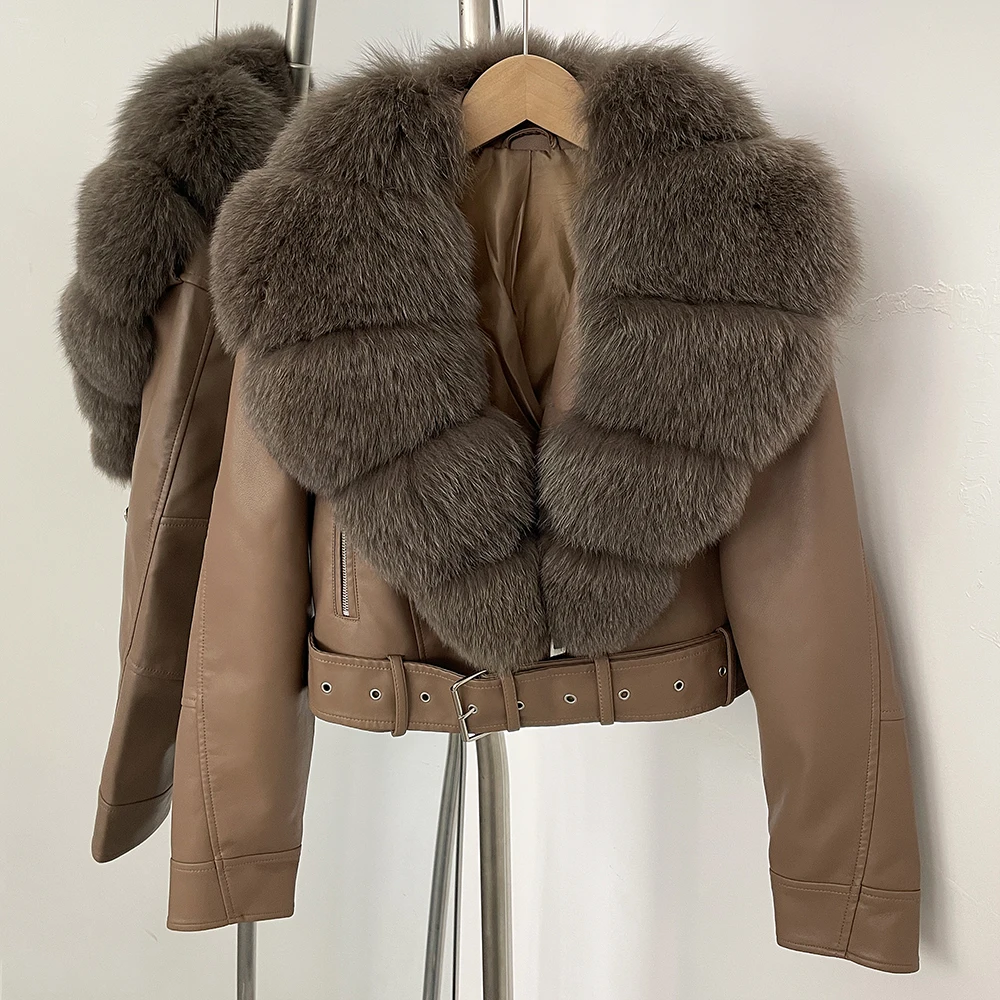 Color: Clear, Size: XS - Fake Leather Coat New Natural Fox Fur Autumn Short Faux Leather Jacket Female Spring PU Women Long Sleeve Real Fur Coat Thin