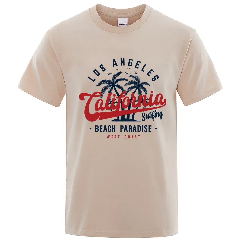 Color: GRAY, Size: L - Los Angeles California Beach Paradise Men Tops Fashion Crewneck T Shirt Cotton Summer T-Shirt Breathable Oversize Clothes