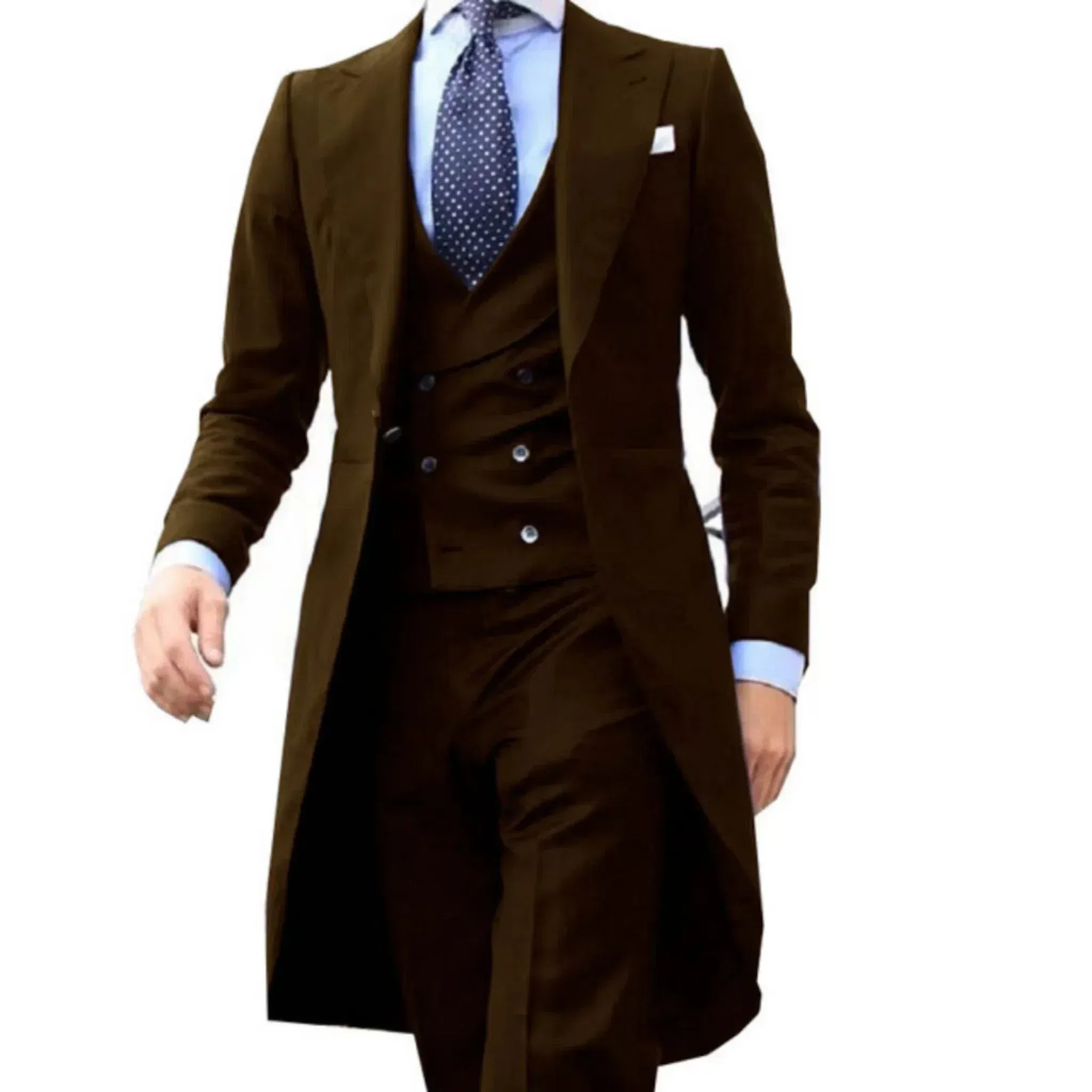 Color: Brown, Size: XL - Elegant man suit Slim Fit Suit Luxury Formal Tuxedos Wedding 3 Pieces Blazer Vest Pants Set Long Tail Coat One Button Custom