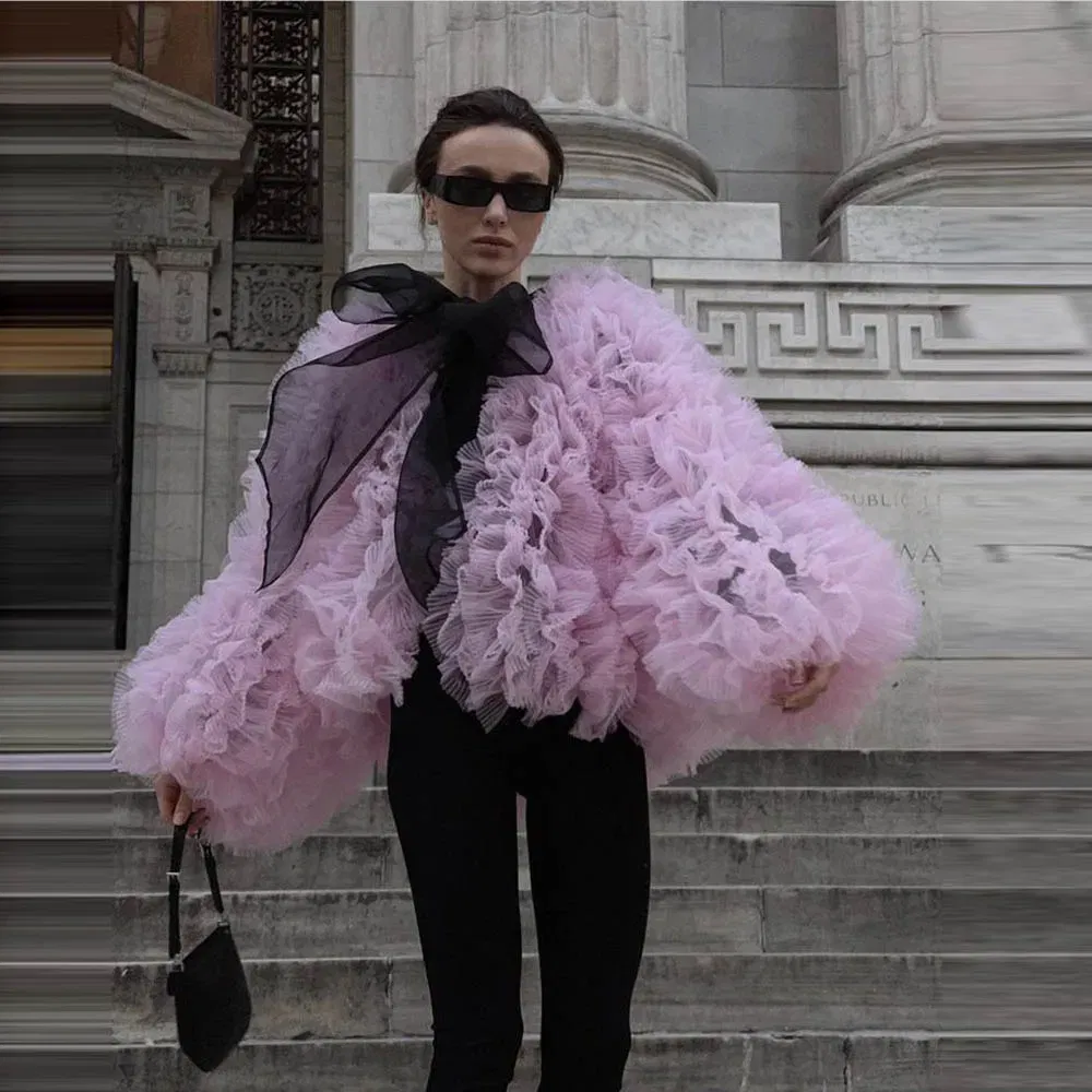 Street Ruffles Tulle Jackets With Bows Couture Women Jacket Outerwear Coat  Women Loose  Long Sleeve Open Stitch Short Coats