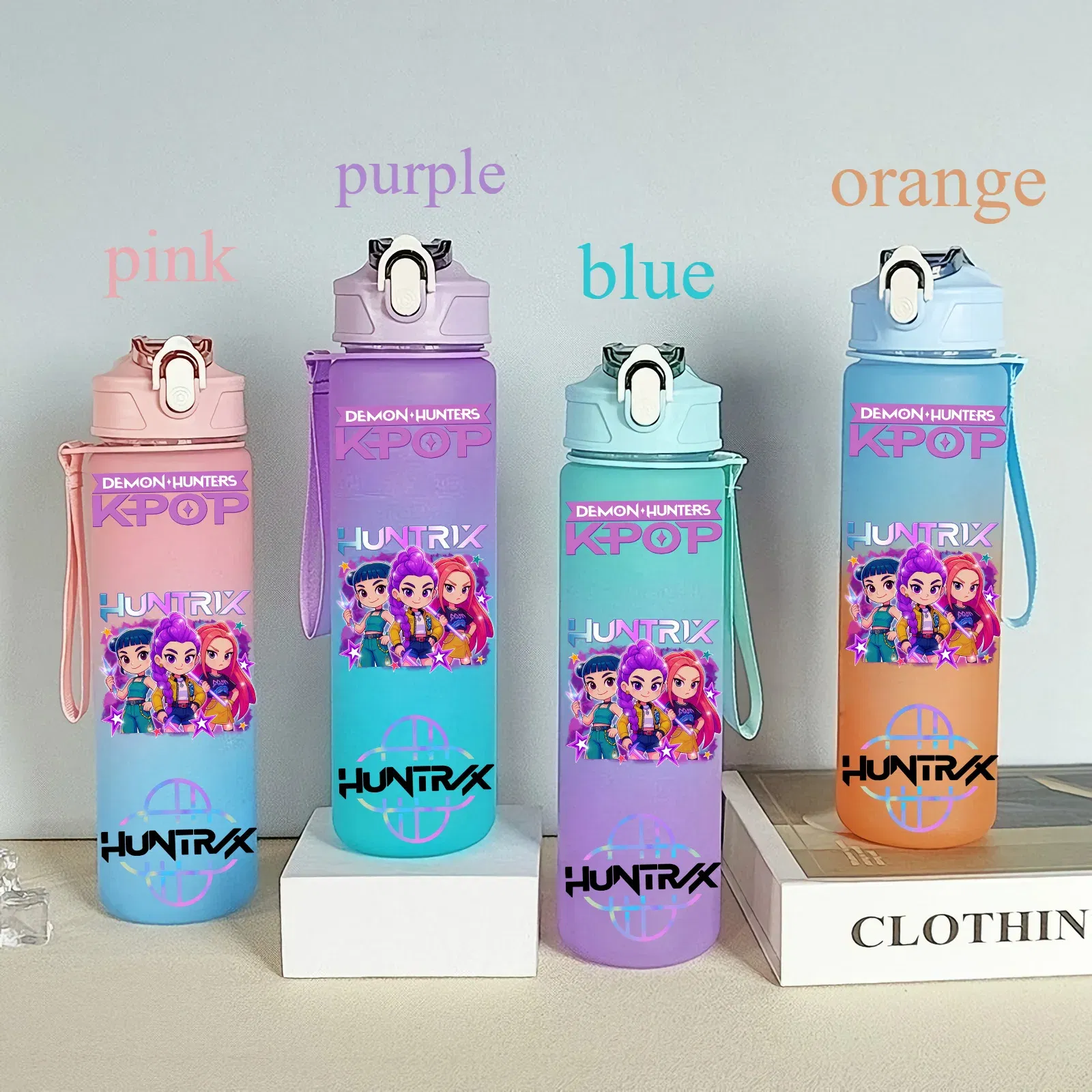 Color: Fluorescent Yellow, Size: 25cm - 750ML K-pop Demon Hunters HUNTR X Rumi Mira Zoey Jinu Celine Kpop Plastic Water Cup K Pop Drinking Bottle School Huntrix Gourde