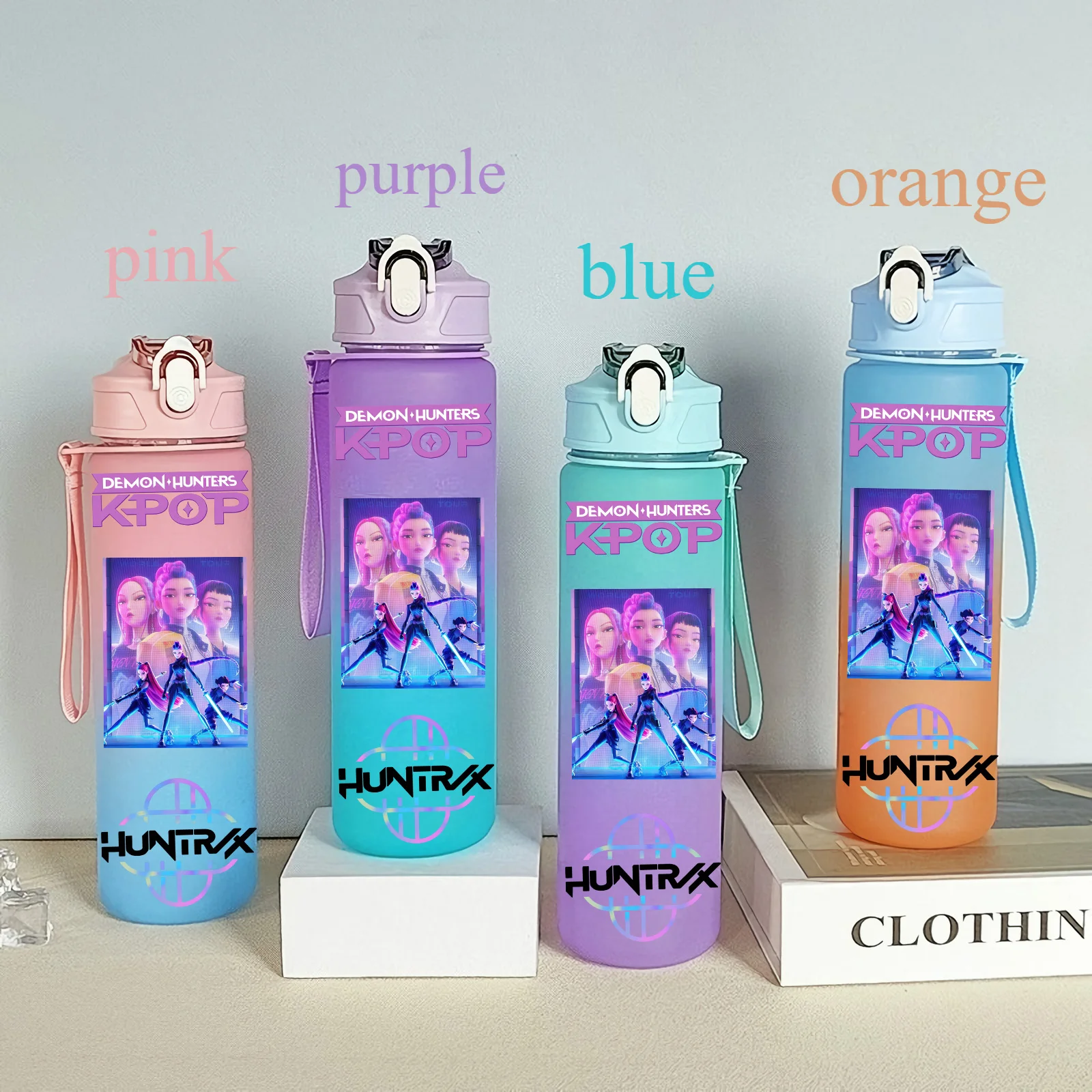 Color: Fluorescent Yellow, Size: 25cm - 750ML K-pop Demon Hunters HUNTR X Rumi Mira Zoey Jinu Celine Kpop Plastic Water Cup K Pop Drinking Bottle School Huntrix Gourde