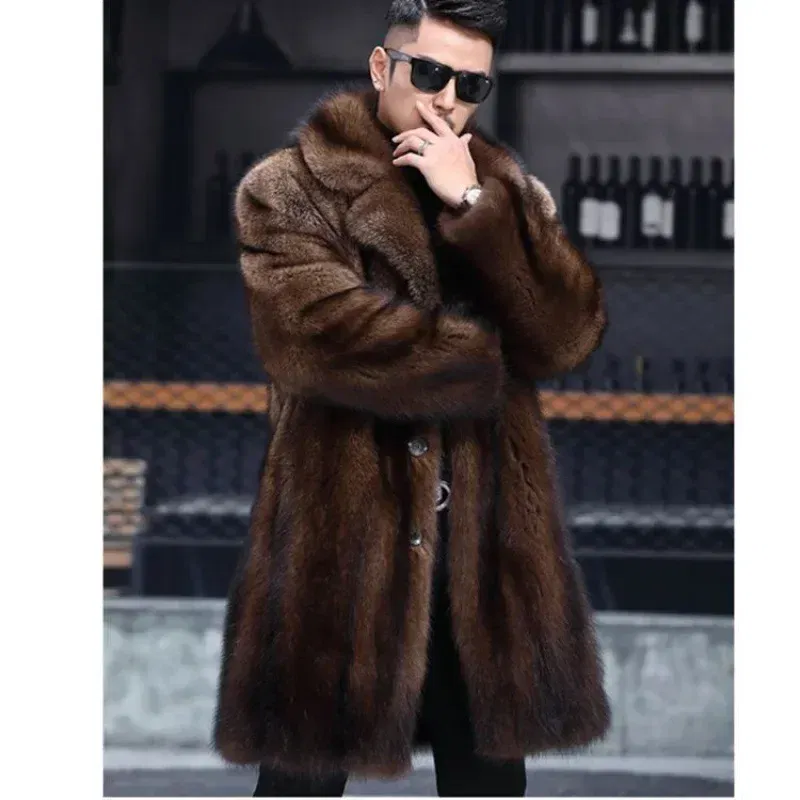 Color: Beige, Size: XXL - Parker Men's Imitation Fur Liner Winter Warm New Fur One-piece Coat Imitation Mink Fleece Mid-length Fur Coat