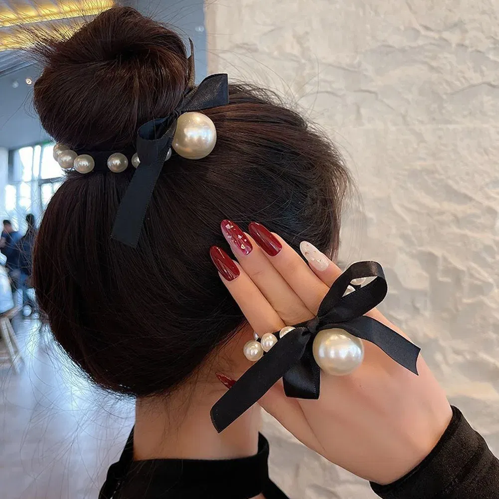 Color: Burgundy - 2022 Fashion Woman Big Pearl Hair Ties Korean Style Hairband Scrunchies Girls Ponytail Holders Rubber Band Hair Accessories