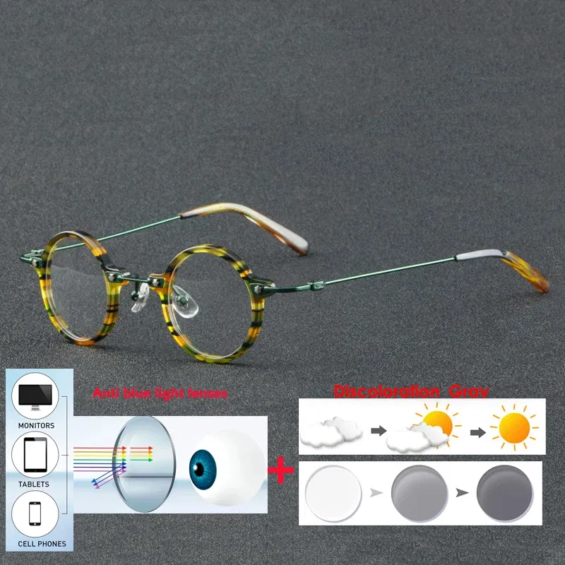 Frame Color: green, Eye Prescription: +350 - VCKA Anti-blue Discolor Acetate+Titanium Myopia Glasses Frames Small Round Men Prescription Optical Women Eyewear -0.50 to -10.0