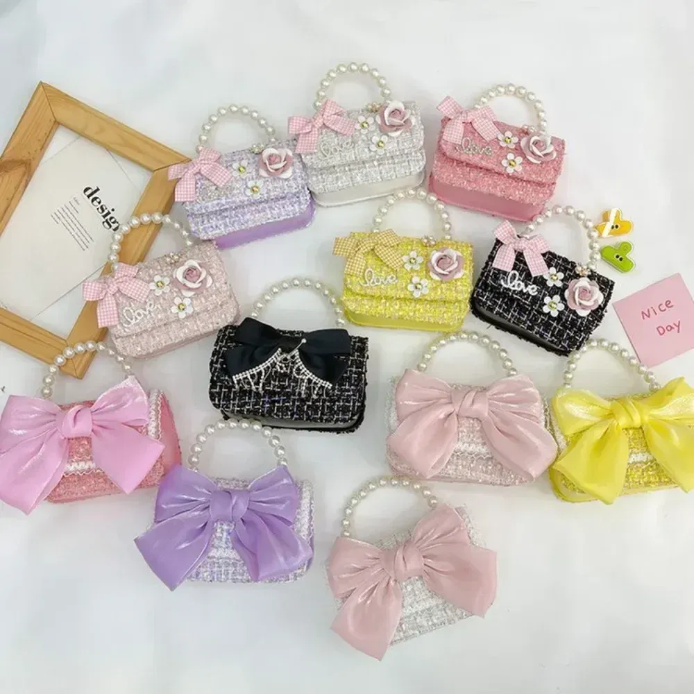 Color: Brown - New Children's Fashion Little Fragrant Wind Elsa Princess Bag Little Girl Pearl Handheld Crossbody Bag Net  Red envelope