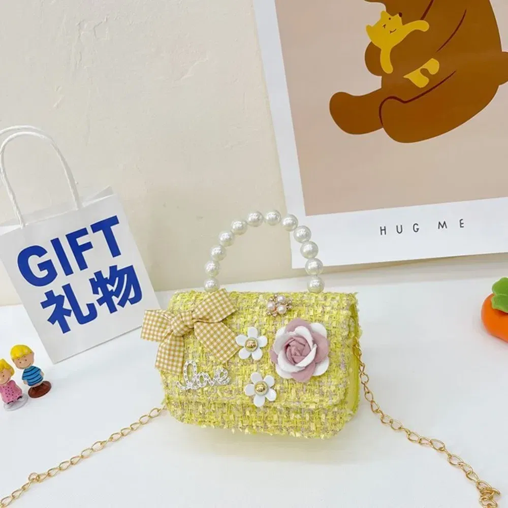 Color: Brown - New Children's Fashion Little Fragrant Wind Elsa Princess Bag Little Girl Pearl Handheld Crossbody Bag Net  Red envelope