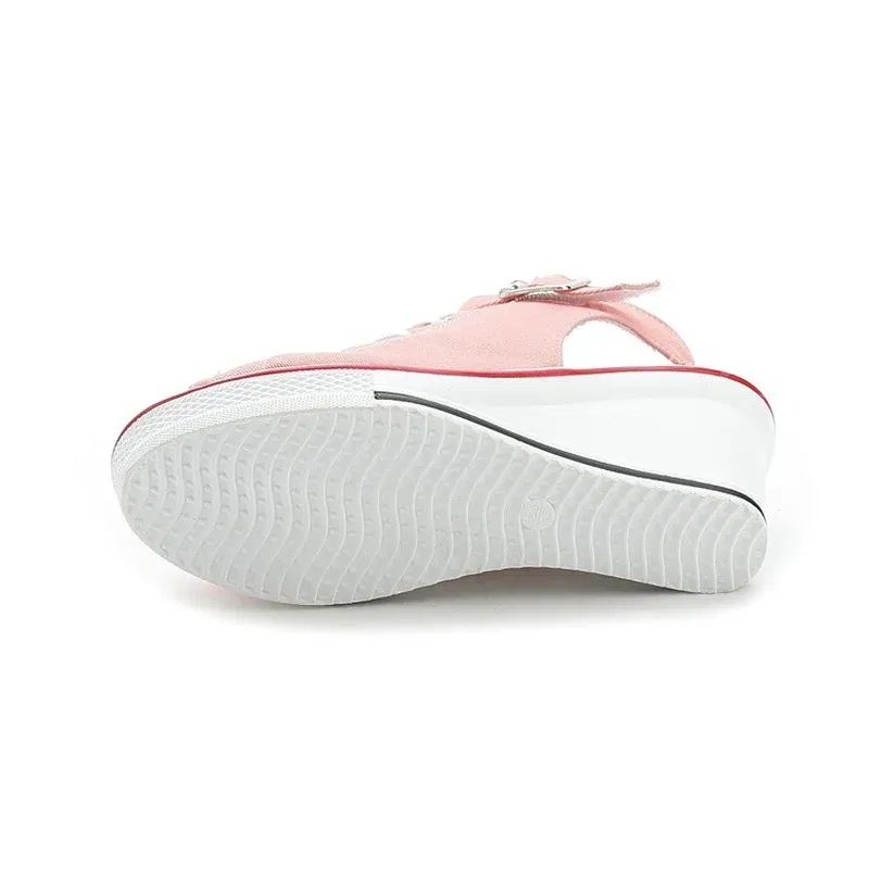 Color: black, Shoe Size: 35 - Spring Summer Women's Height Increasing Platform Canvas Fish Mouth Shoes Open Toe Hollow Canvas Wedge Shoes Zapatos Para Mujer