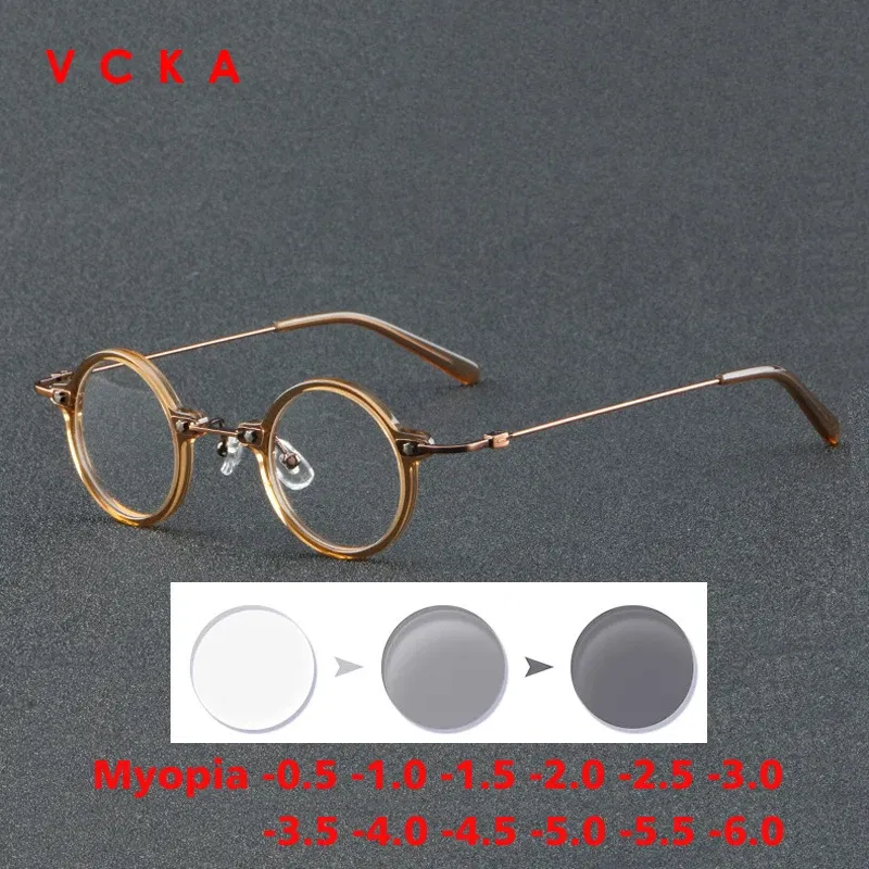 Frame Color: Yellow, Eye Prescription: +100 - VCKA Anti-blue Discolor Acetate+Titanium Myopia Glasses Frames Small Round Men Prescription Optical Women Eyewear -0.50 to -10.0