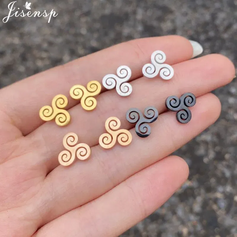 Metal Color: Antique Bronze Plated, Main Stone Color: WHITE - Cartoon The Movie Teen Wolf Triskele Triskelion Inspired Earrings Punk Stainless Steel Jewelry Triple Spiral Ear Studs Women Men