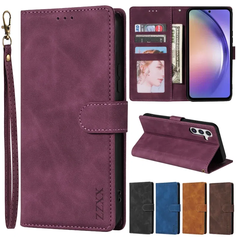Color: Blue, Bundle: Case & Strap, Material: Leather - Wallet Card Slot Holder Magnetic Flip Leather Case For Samsung Galaxy S23 Ultra S22 Plus S21 FE S20 A12 A13 A14 A34 A52 A53 A54