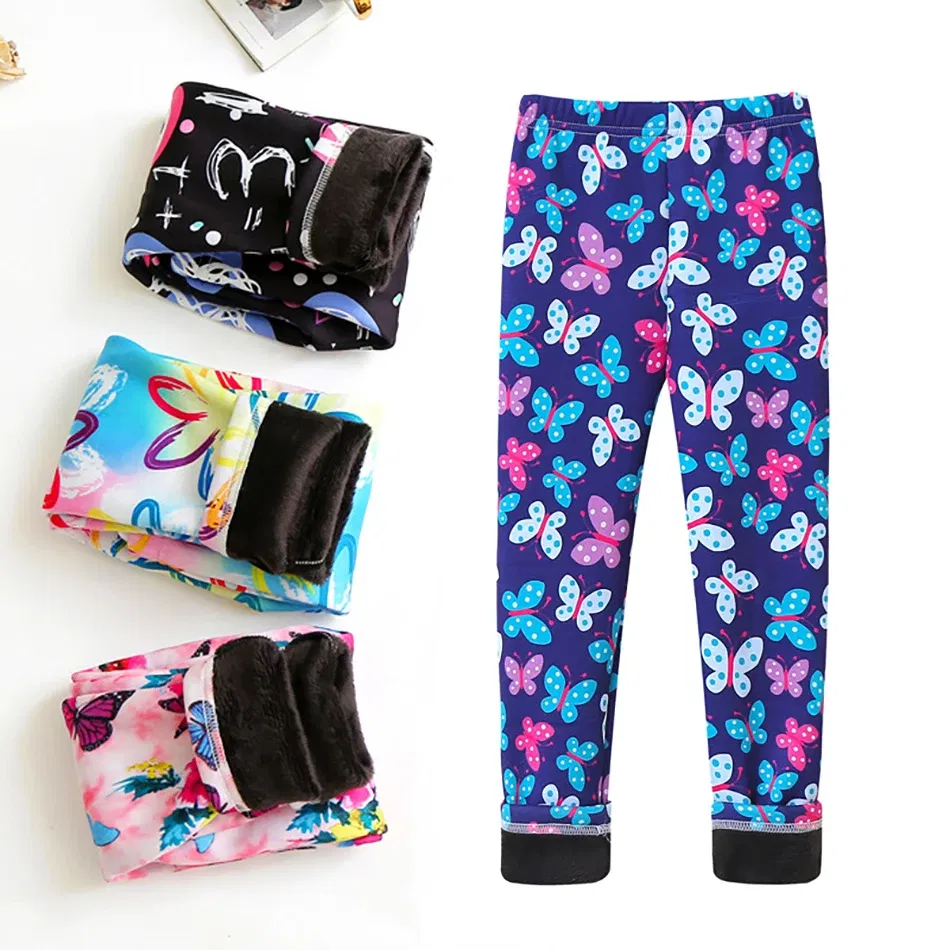 Color: Neon, Size: 68 - Girls Warm Plush Long Pants for Autumn Spring Cartoon Butterfly Striped Soft Cozy Leggings Fleece-Lined Bottoms Kids Casual Wear