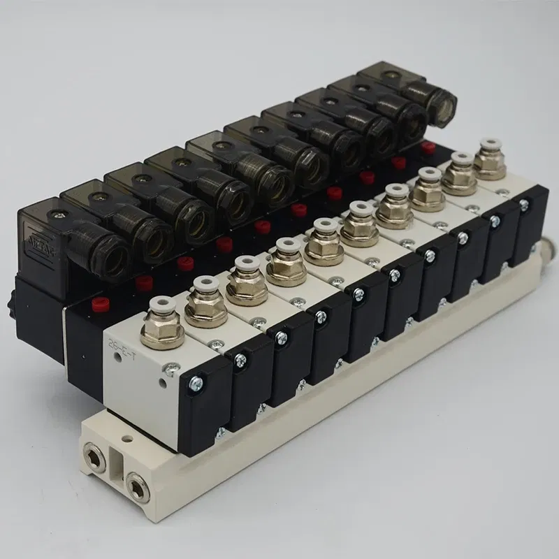 Color: Yellow, Specification: 1/4" - 3V210-08 Manifold Station Solenoid Valve  3 port 2 position Multi-way Combination DC12V 24V AC220V With Fitting Solenoid Valves