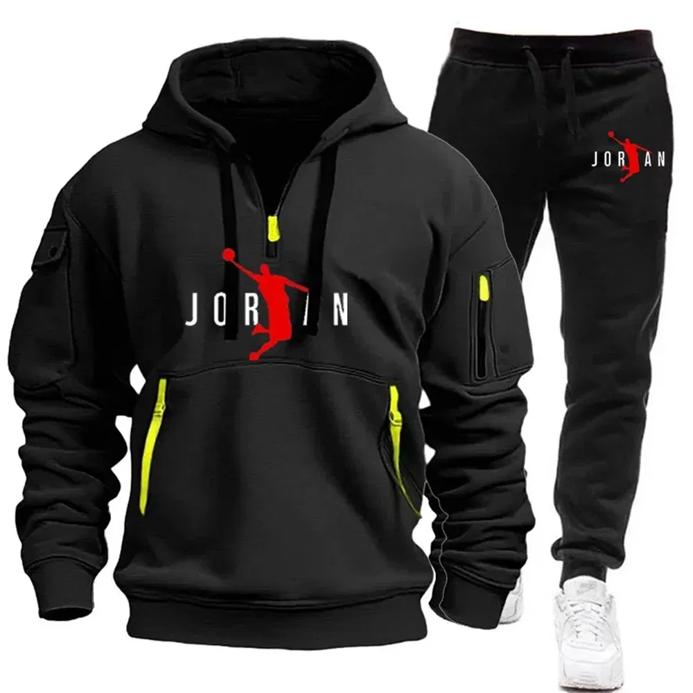 Color: black, Size: XXL - 2025 new men's zipper multi-pocket hoodie loose casual sweater suit spring and autumn European size new fashion print