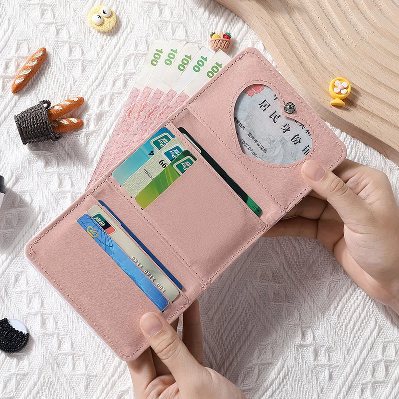 Color: Brown - PU Leather Cute Women Wallet Coin Purse Simple 3 Folds Multi-card Slots Card Holder Cute Cat Dog Short Wallets for Girls