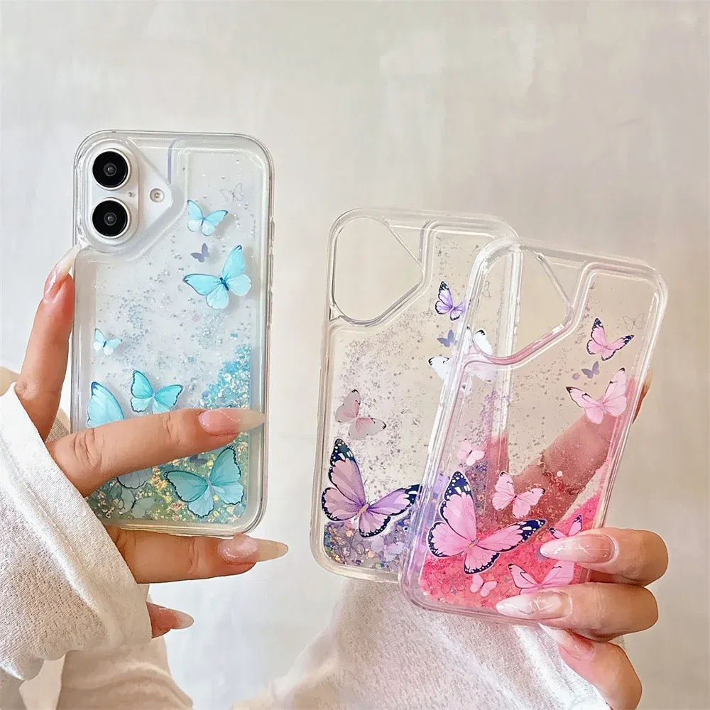 Color: Pink, Material: Wood - Luminous Quicksand Glitter Butterfly Case for iPhone 16 15 14 Pro Max Plus 13 12 Mini 11 X Xs XR Soft Silicone Bling Shiny Cover