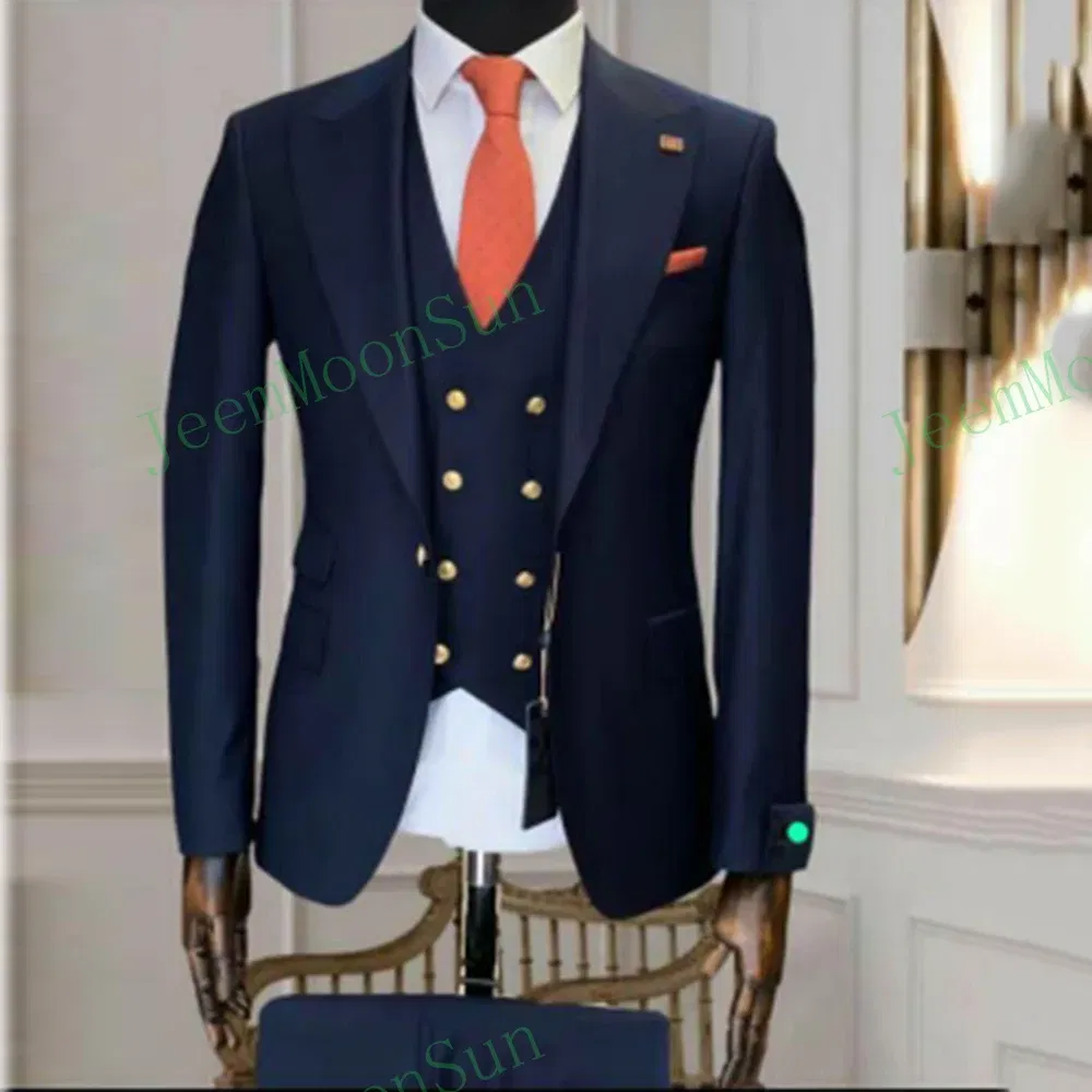Color: Navy Blue, Size: S, Ships From: CHINA - 3 Pieces New White Men's Suit 2022  Peak Lapel Slim Fit Casual Tuxedos Groom Tailor Made Terno Masculino (Blazer+Pants+Vest)
