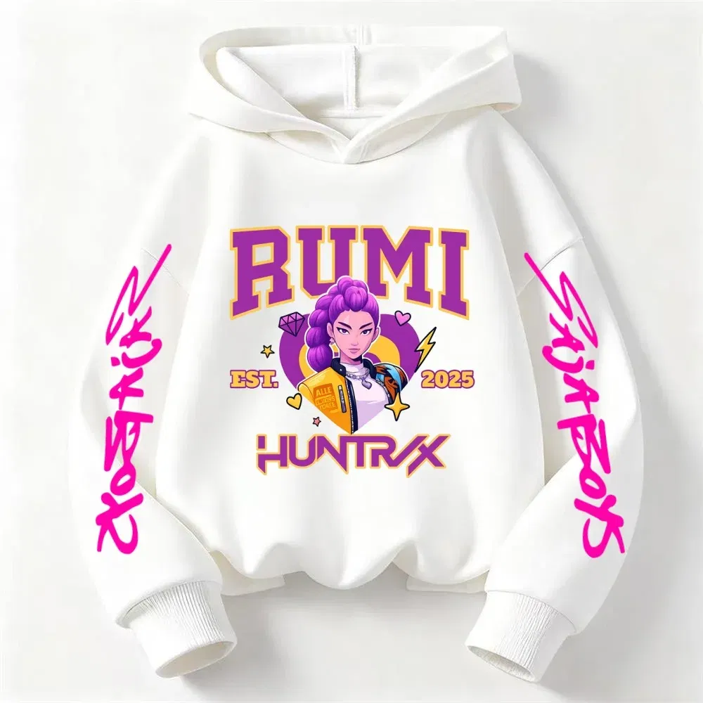 Color: SKY BLUE, Kid Size: 4T - 2025 KPop Devil Hunter Cartoon Girl Boy Hooded Sweatshirt Kawaii Children's Korean Wave Casual Fashion Top